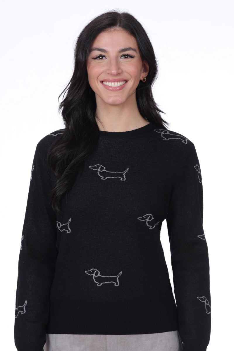 Chandail en tricot léger pour femme, de couleur noir, avec un imprimé de chiens. Composition luxueuse incluant de la soie de mûrier et de la laine. Marque NESS.