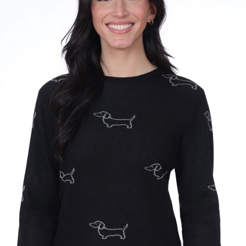 Chandail en tricot léger pour femme, de couleur noir, avec un imprimé de chiens. Composition luxueuse incluant de la soie de mûrier et de la laine. Marque NESS.