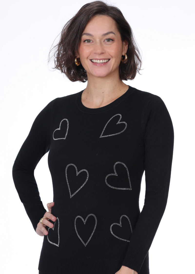Chandail en tricot léger noir pour femme, orné de petits cœurs en strass. Tissu doux en viscose mélangée. Marque NESS.