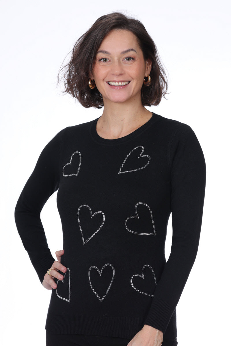 Chandail en tricot léger noir pour femme, orné de petits cœurs en strass. Tissu doux en viscose mélangée. Marque NESS.
