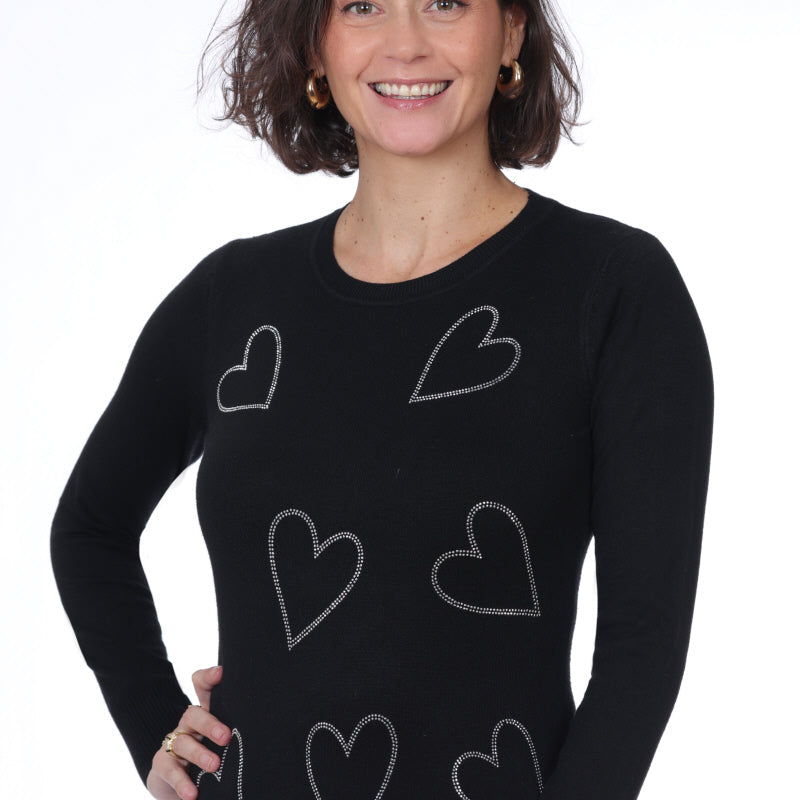 Chandail en tricot léger noir pour femme, orné de petits cœurs en strass. Tissu doux en viscose mélangée. Marque NESS.