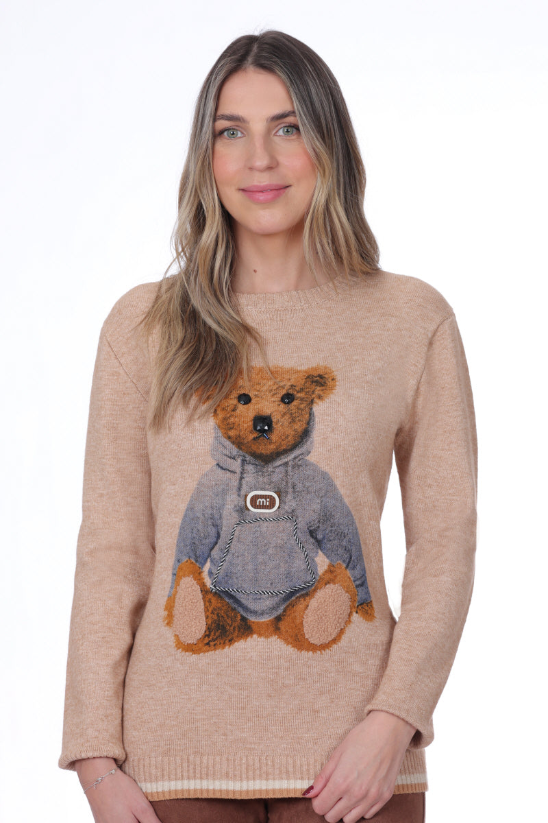 Chandail en tricot léger pour femme, de couleur caramel, avec un motif d'ourson. Tissu en viscose et polyamide mélangés. Marque NESS.