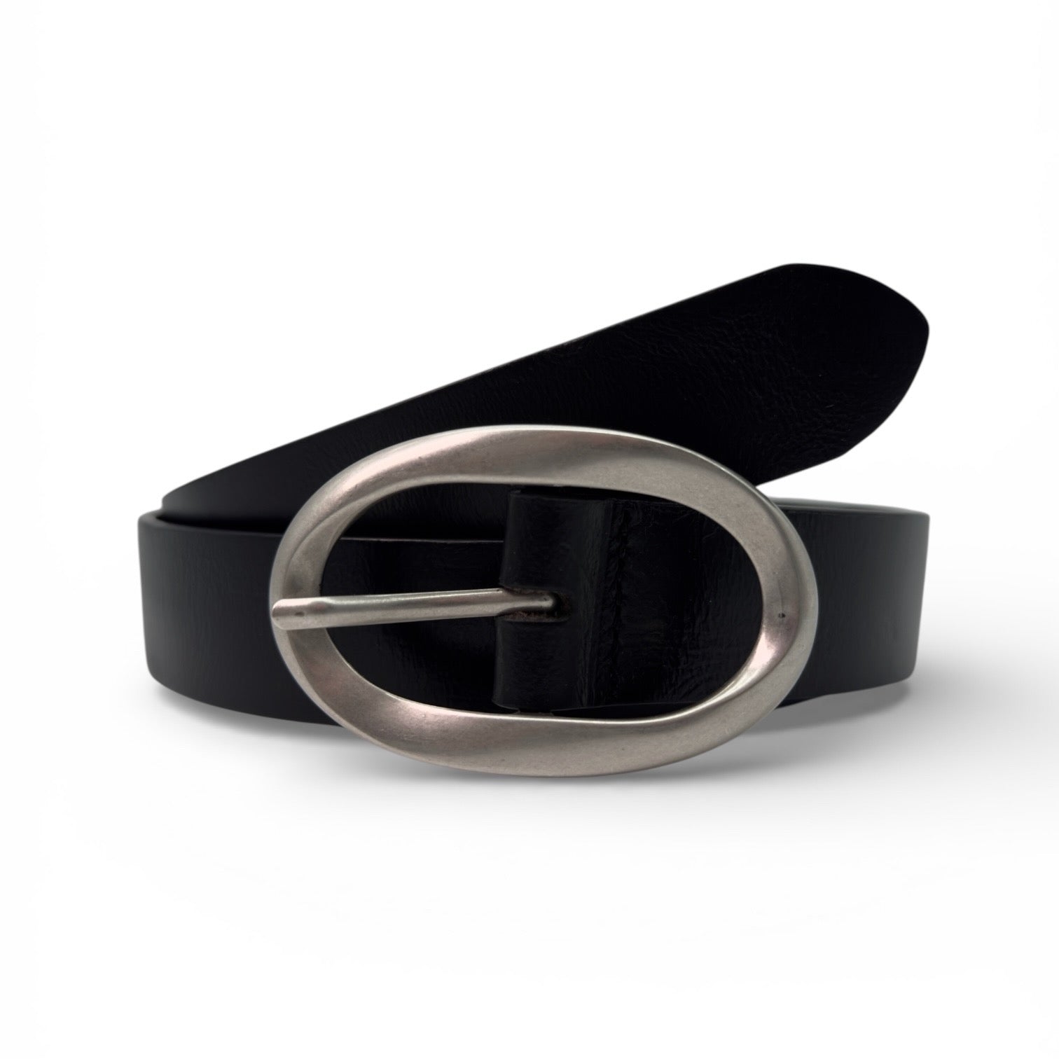 Ceinture noire en cuir véritable avec grande boucle ovale argentée