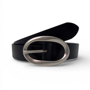 Ceinture noire en cuir véritable avec grande boucle ovale argentée