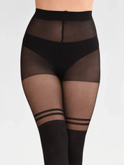 Collants noirs effet cuissardes avec double rayure au-dessus du genou