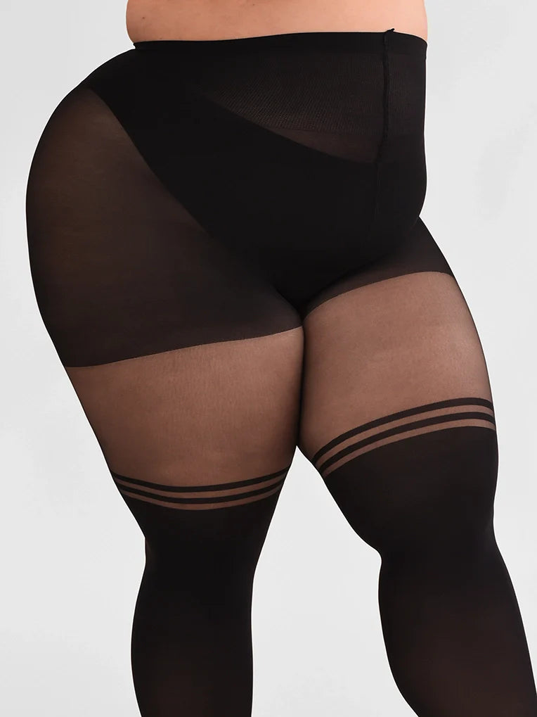 Collants noirs effet cuissardes avec double rayure au-dessus du genou