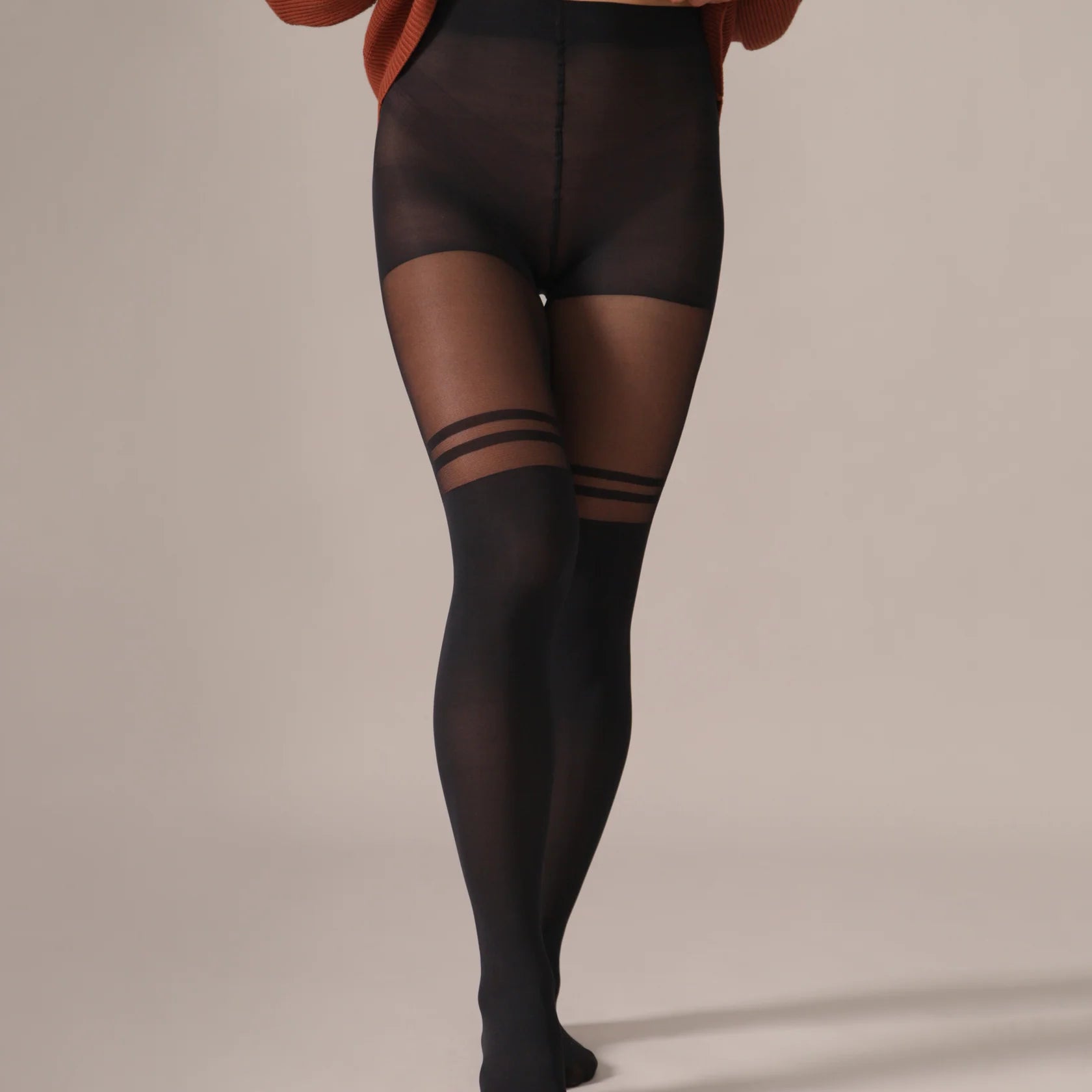 Collants noirs effet cuissardes avec double rayure au-dessus du genou