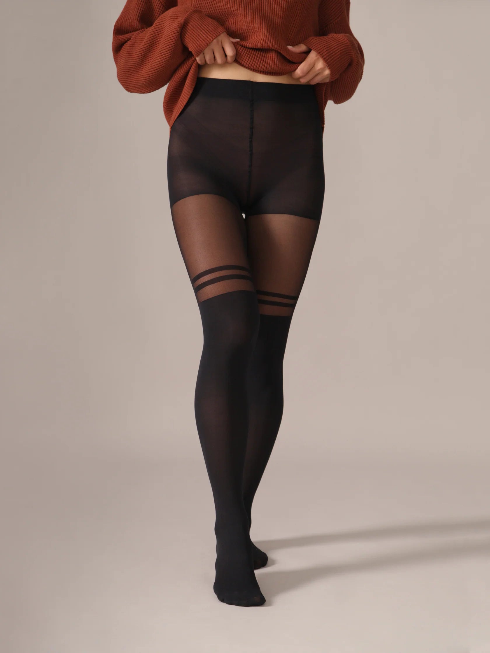 Collants noirs effet cuissardes avec double rayure au-dessus du genou