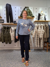 Chandail en Tricot Bleu Denim à Imprimé Cœurs Argentés