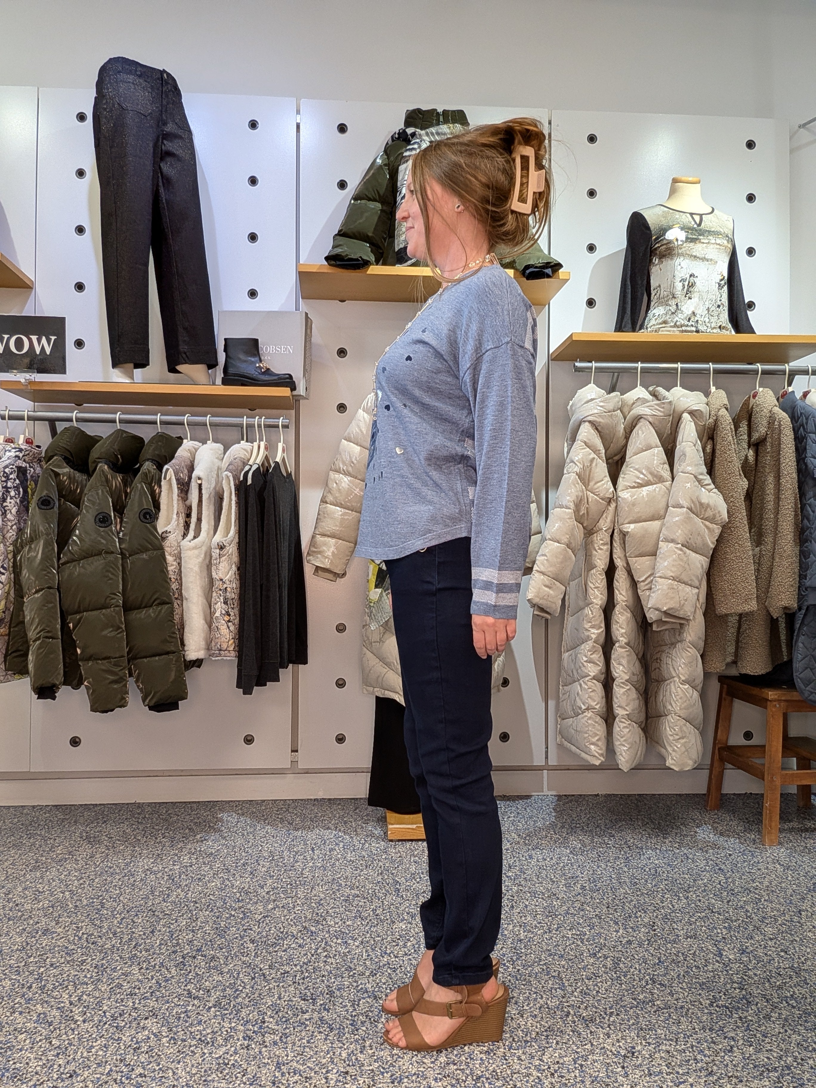 Chandail en Tricot Bleu Denim à Imprimé Cœurs Argentés
