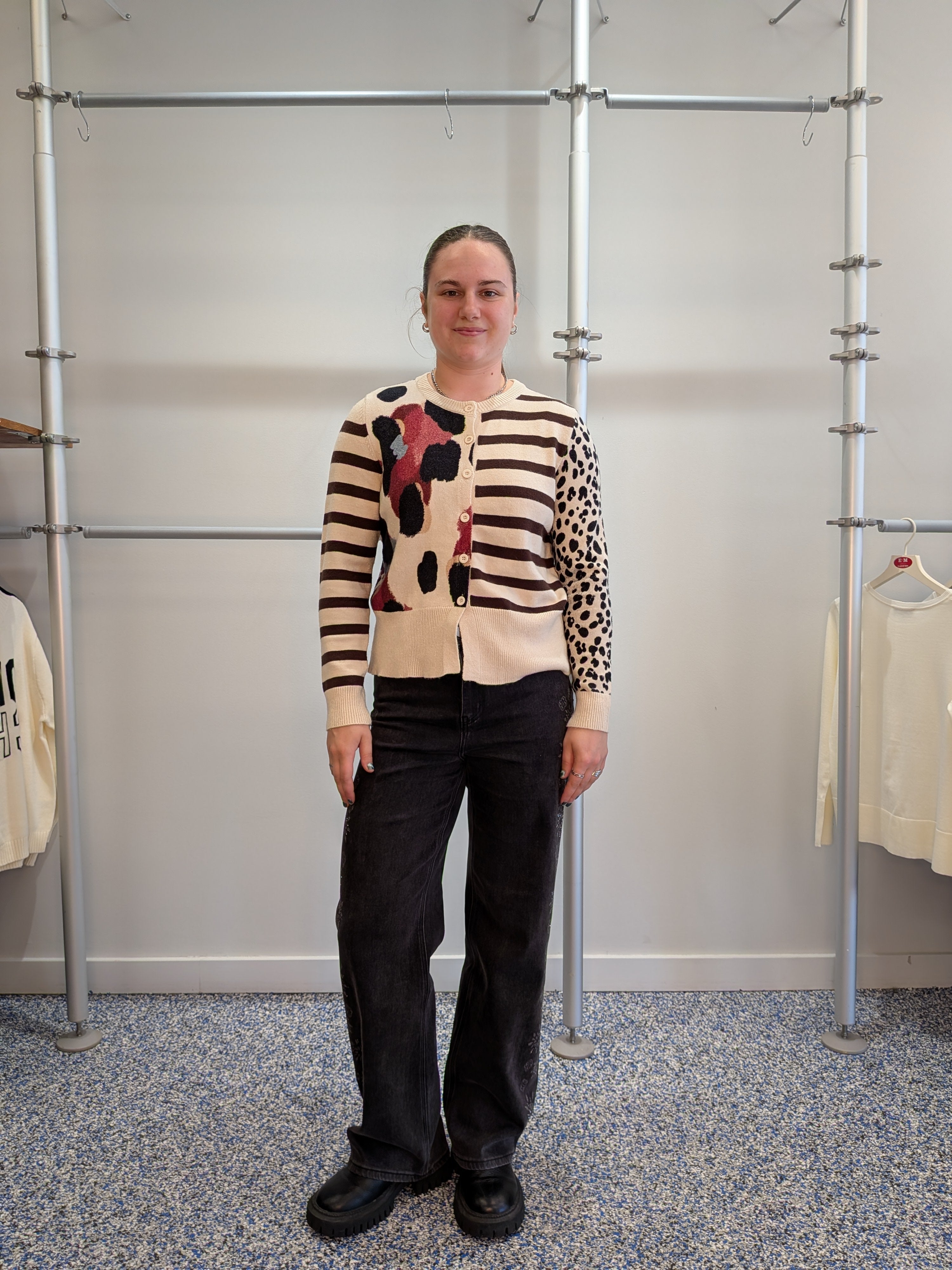 Cardigan Beige à Imprimé Léopard et Rayé
