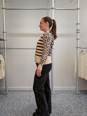Cardigan Beige à Imprimé Léopard et Rayé