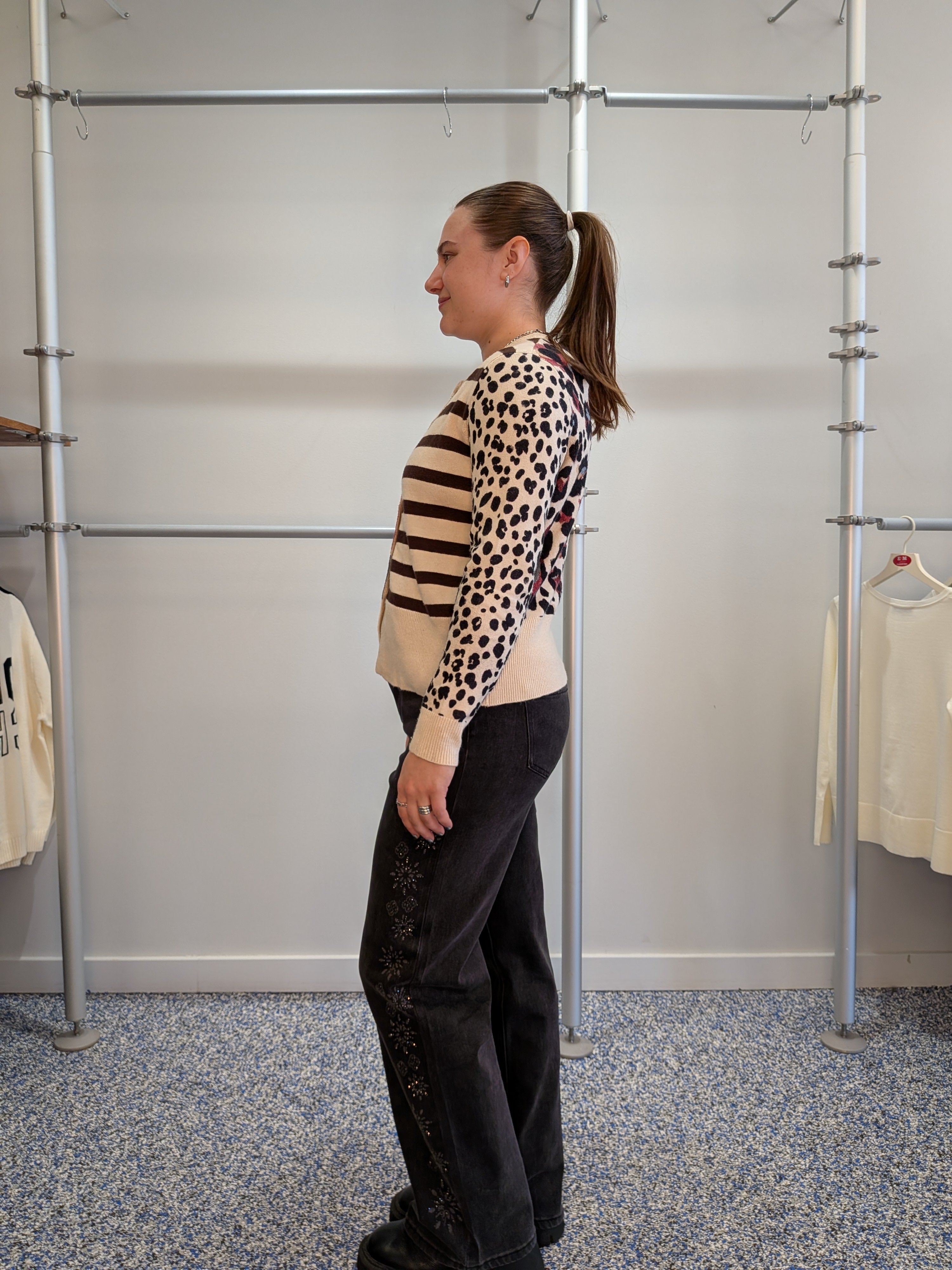 Cardigan Beige à Imprimé Léopard et Rayé