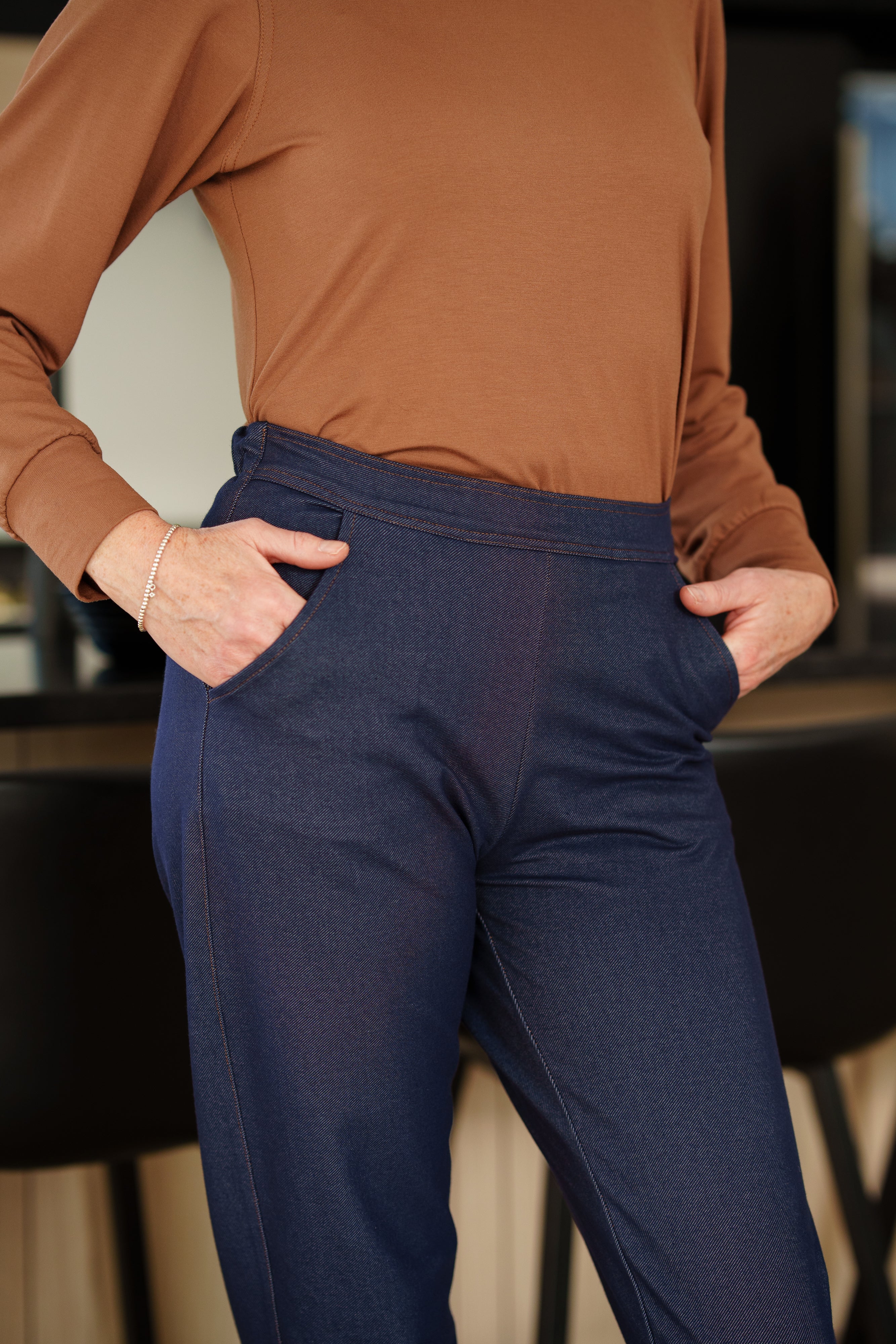 Pantalon Jeans Taille Élastique à Revers Large
