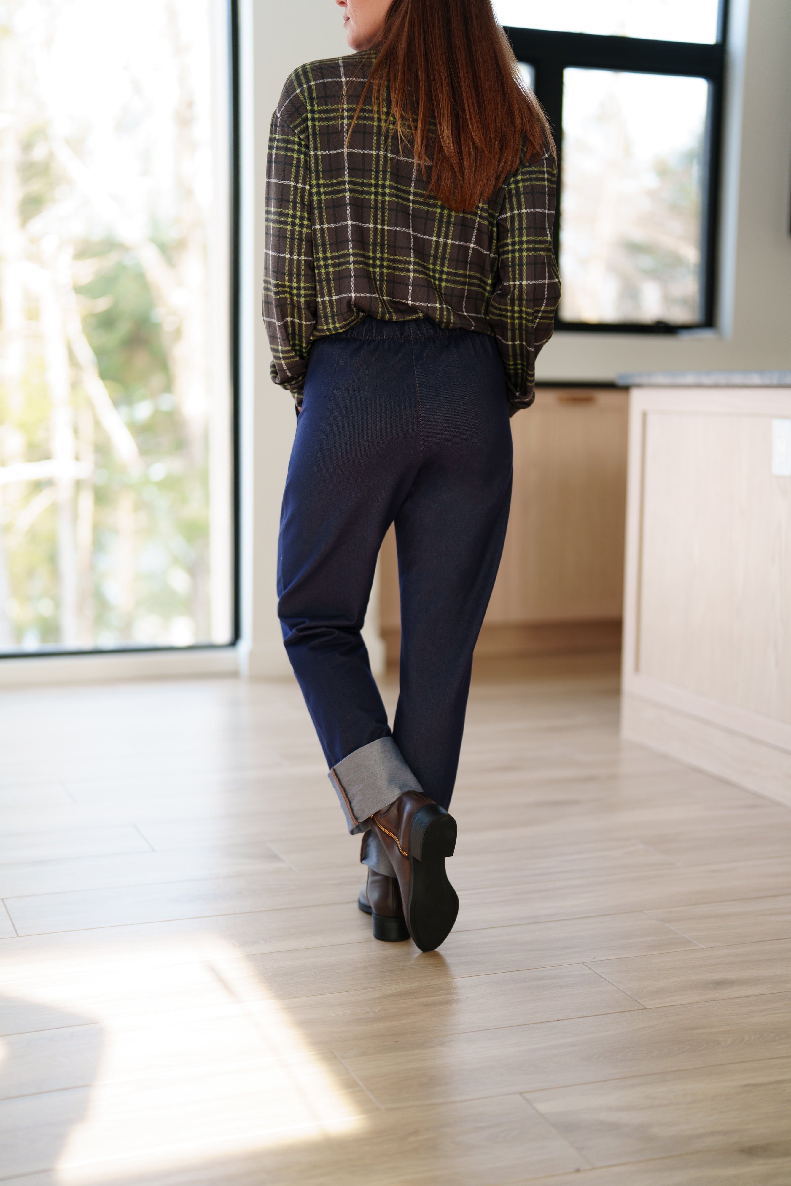 Pantalon Jeans Taille Élastique à Revers Large