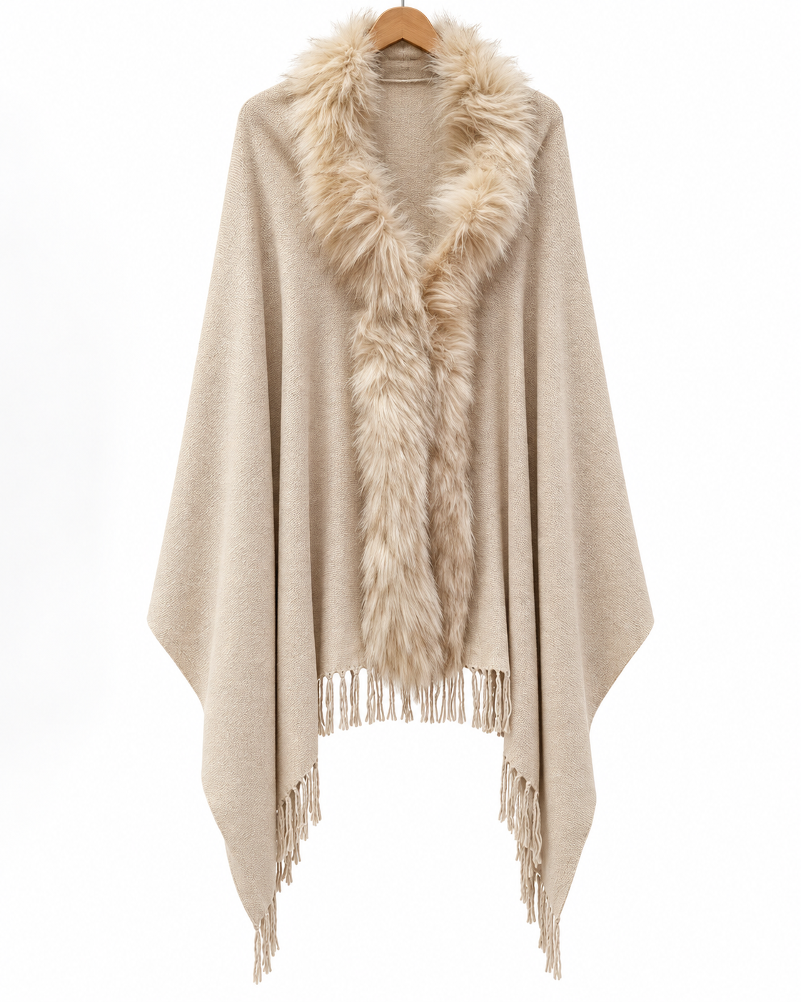 Poncho beige en tricot avec fausse fourrure