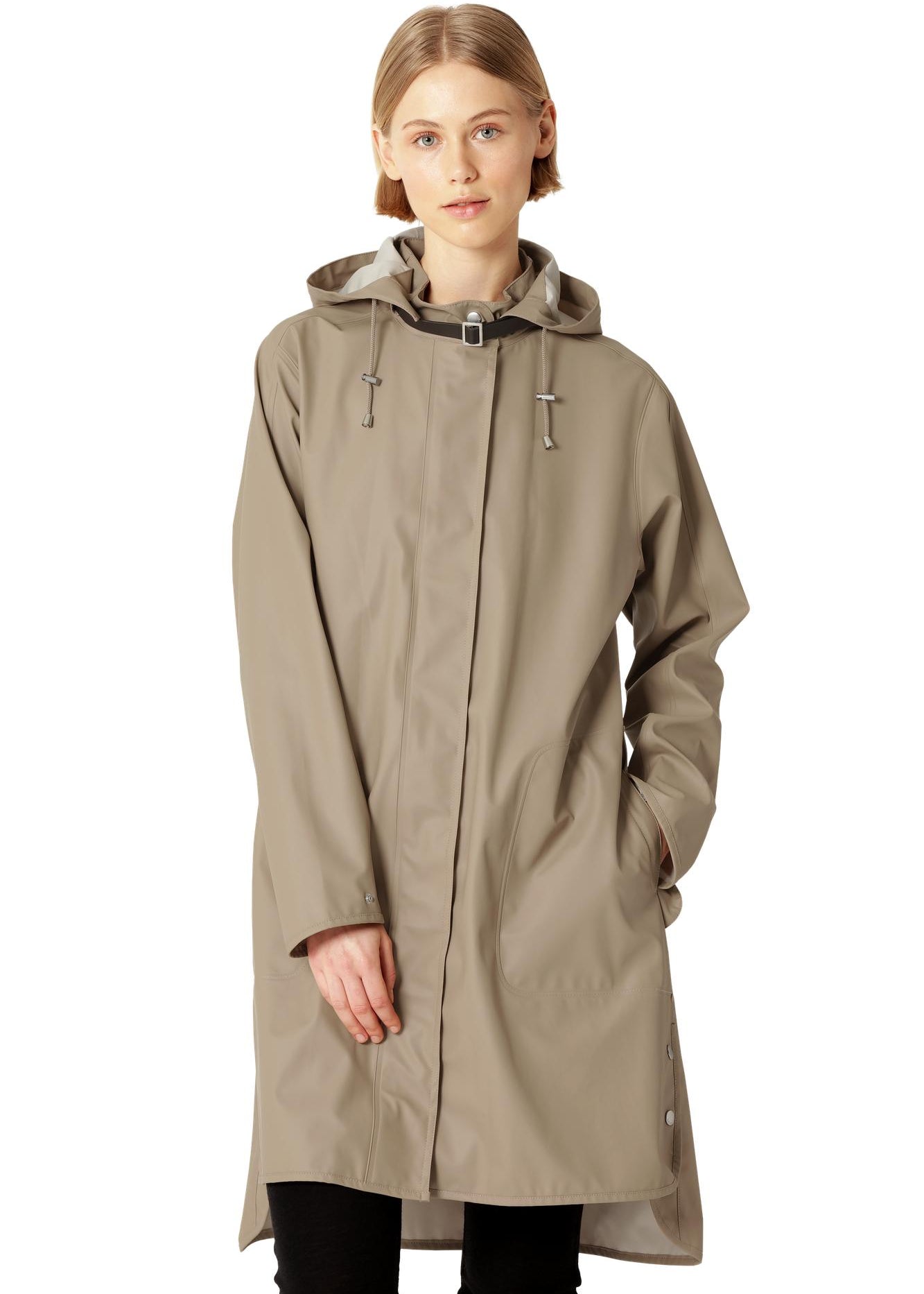 Imperméable long beige blé à capuche et coupe trapèze Ilse Jacobsen