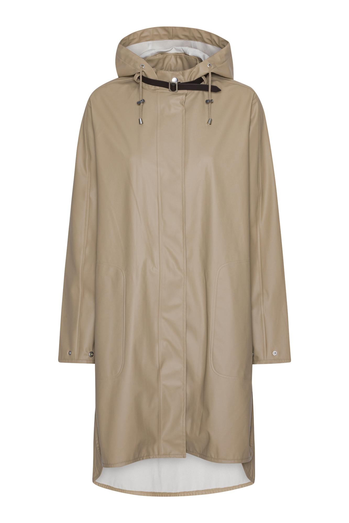 Imperméable long beige blé à capuche et coupe trapèze Ilse Jacobsen