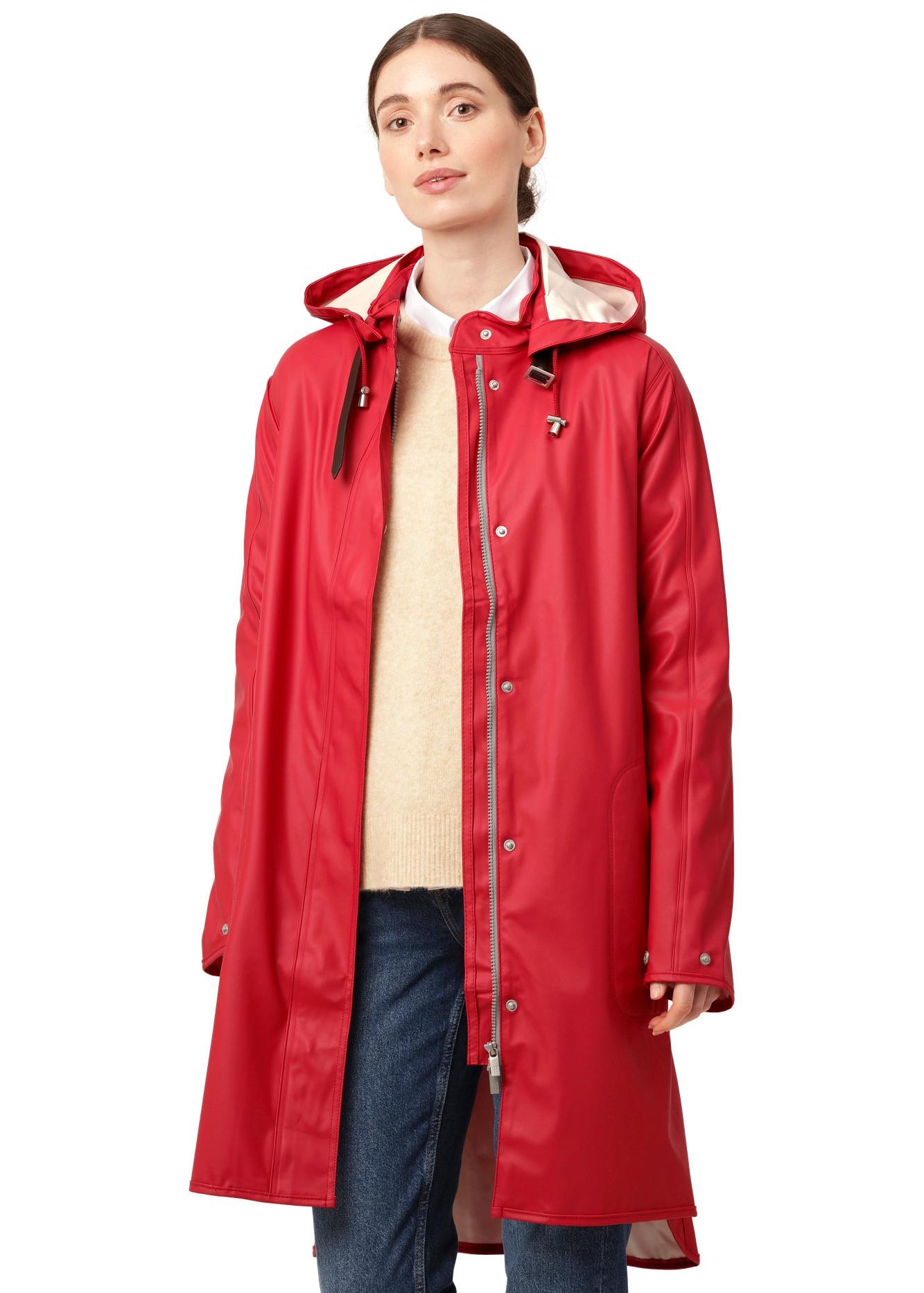 Imperméable long rouge profond à capuche et coupe trapèze Ilse Jacobsen