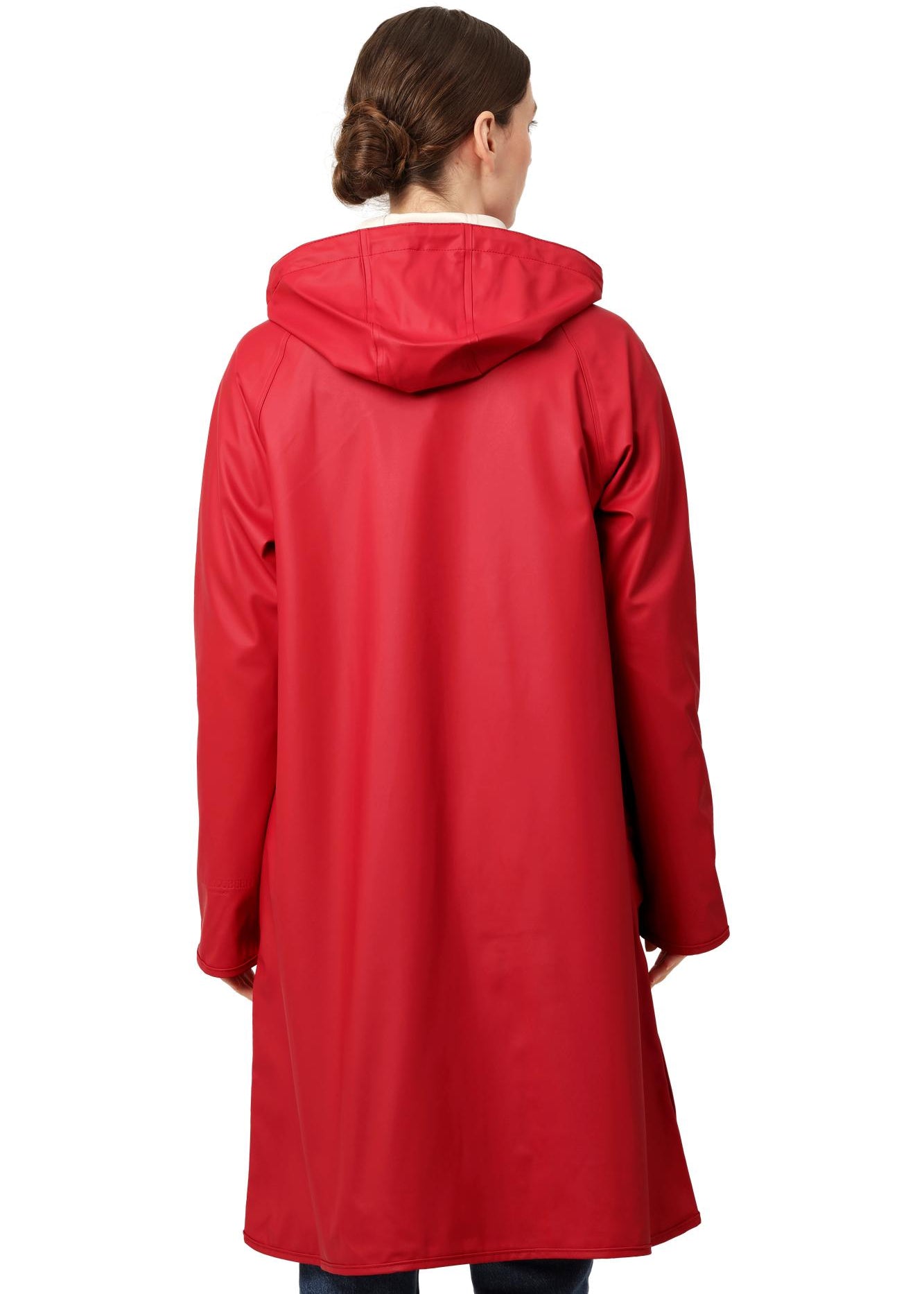 Imperméable long rouge profond à capuche et coupe trapèze Ilse Jacobsen