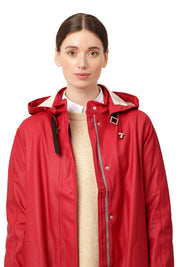 Imperméable long rouge profond à capuche et coupe trapèze Ilse Jacobsen
