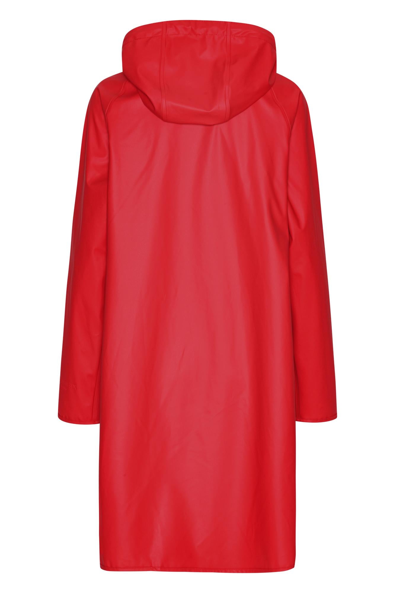 Imperméable long rouge profond à capuche et coupe trapèze Ilse Jacobsen