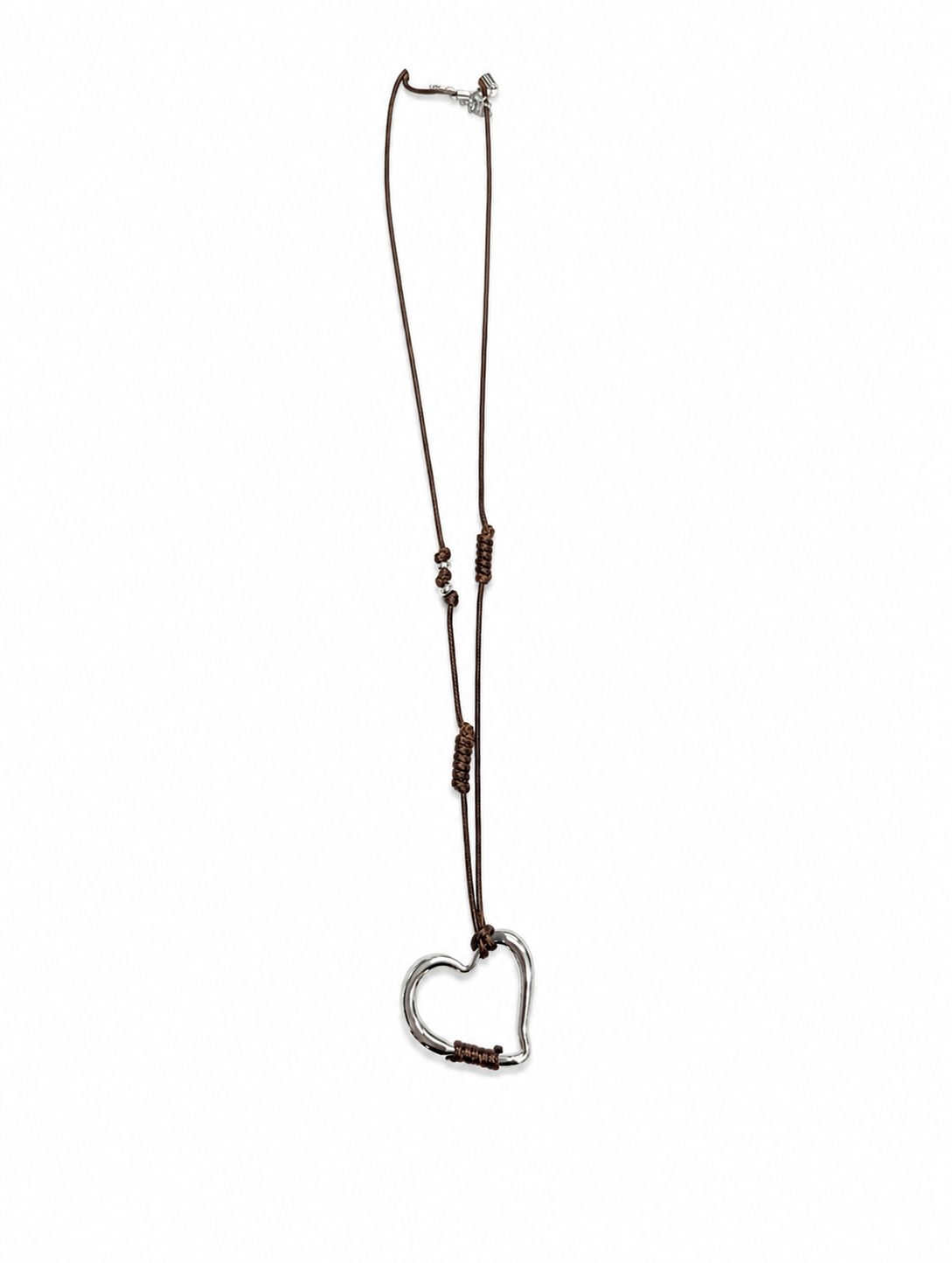Collier Long Coeur Argent et Cordon Brun