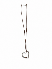 Collier Long Coeur Argent et Cordon Brun