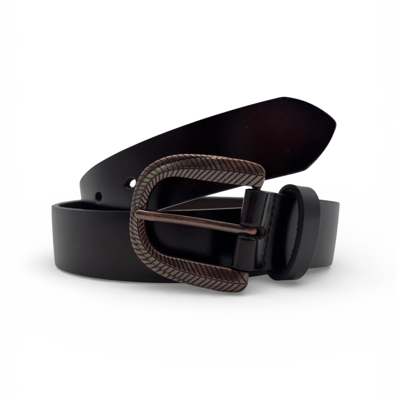 Ceinture café en cuir véritable avec boucle foncée texturée