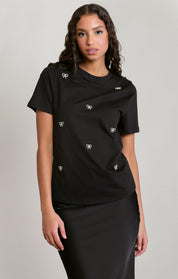 T-shirt noir à boucles brillantes argentées Dex pour femme