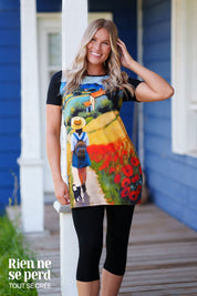 Tunique imprimée paysage Rien ne se perd, tissu extensible et coloré, style artistique 95% polyester et 5% élasthanne