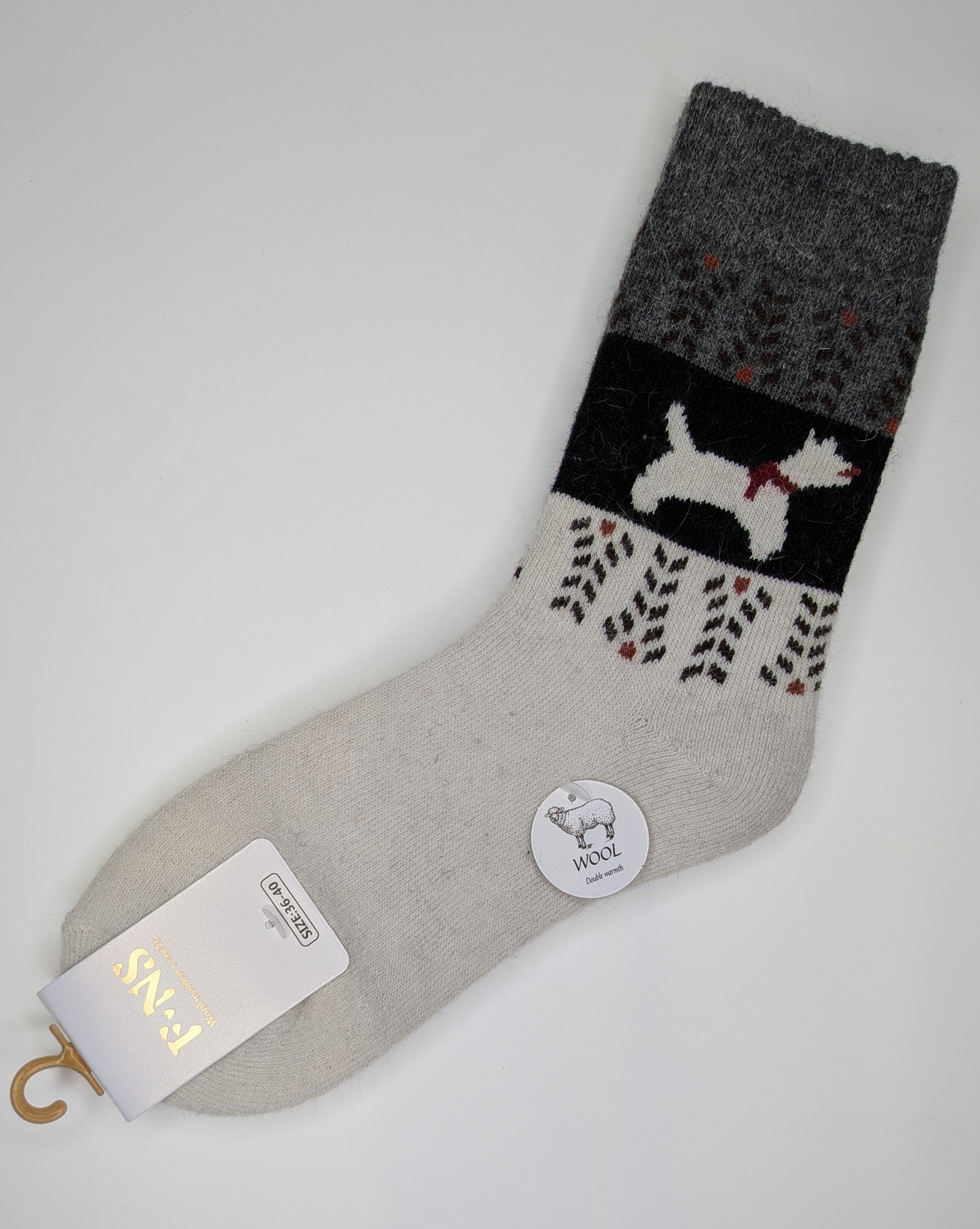 Bas Chauds en Angora à Motif de Chien couleur ivoire