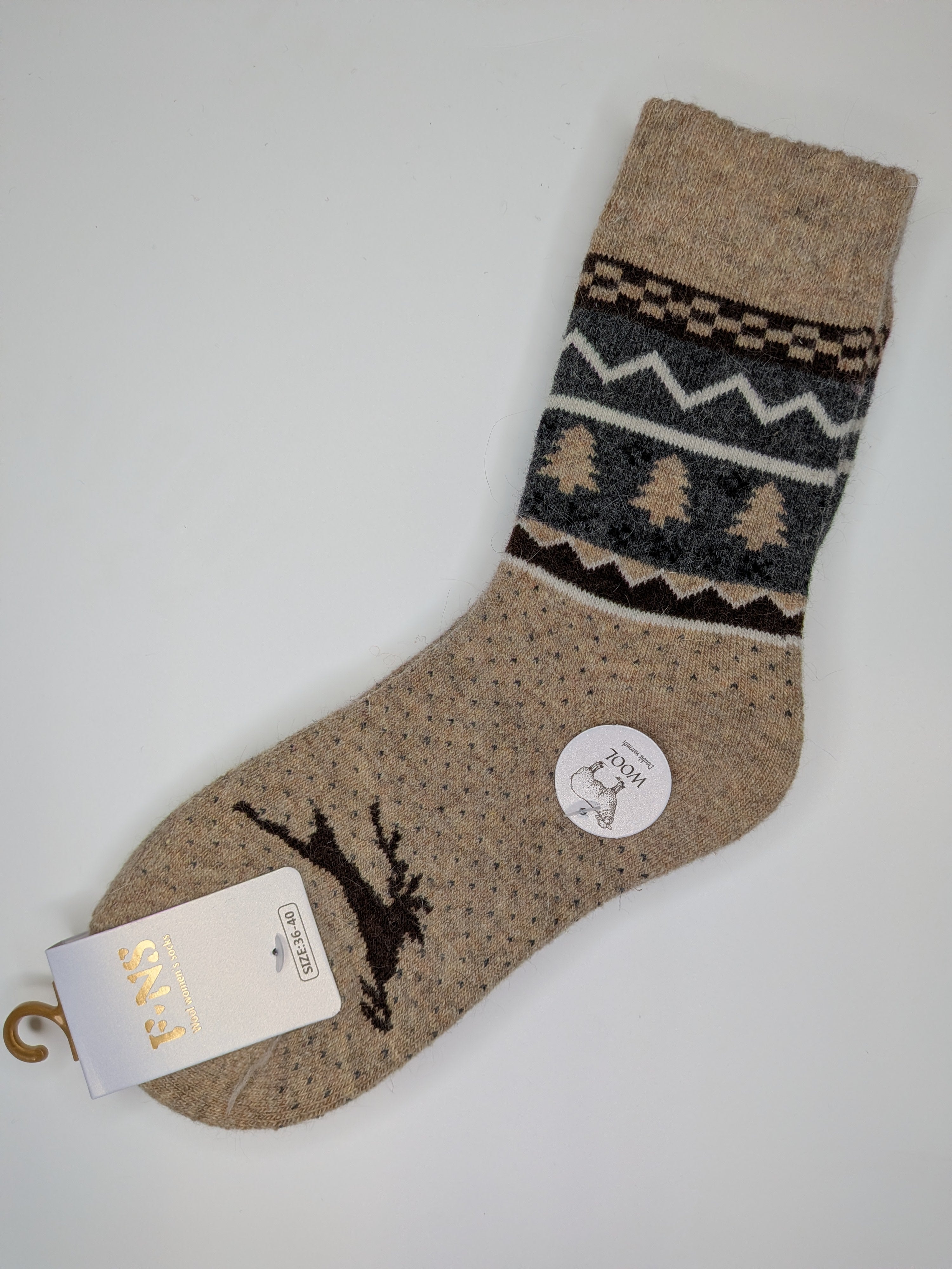 Bas Chauds en Angora à Motif de Renne couleur beige