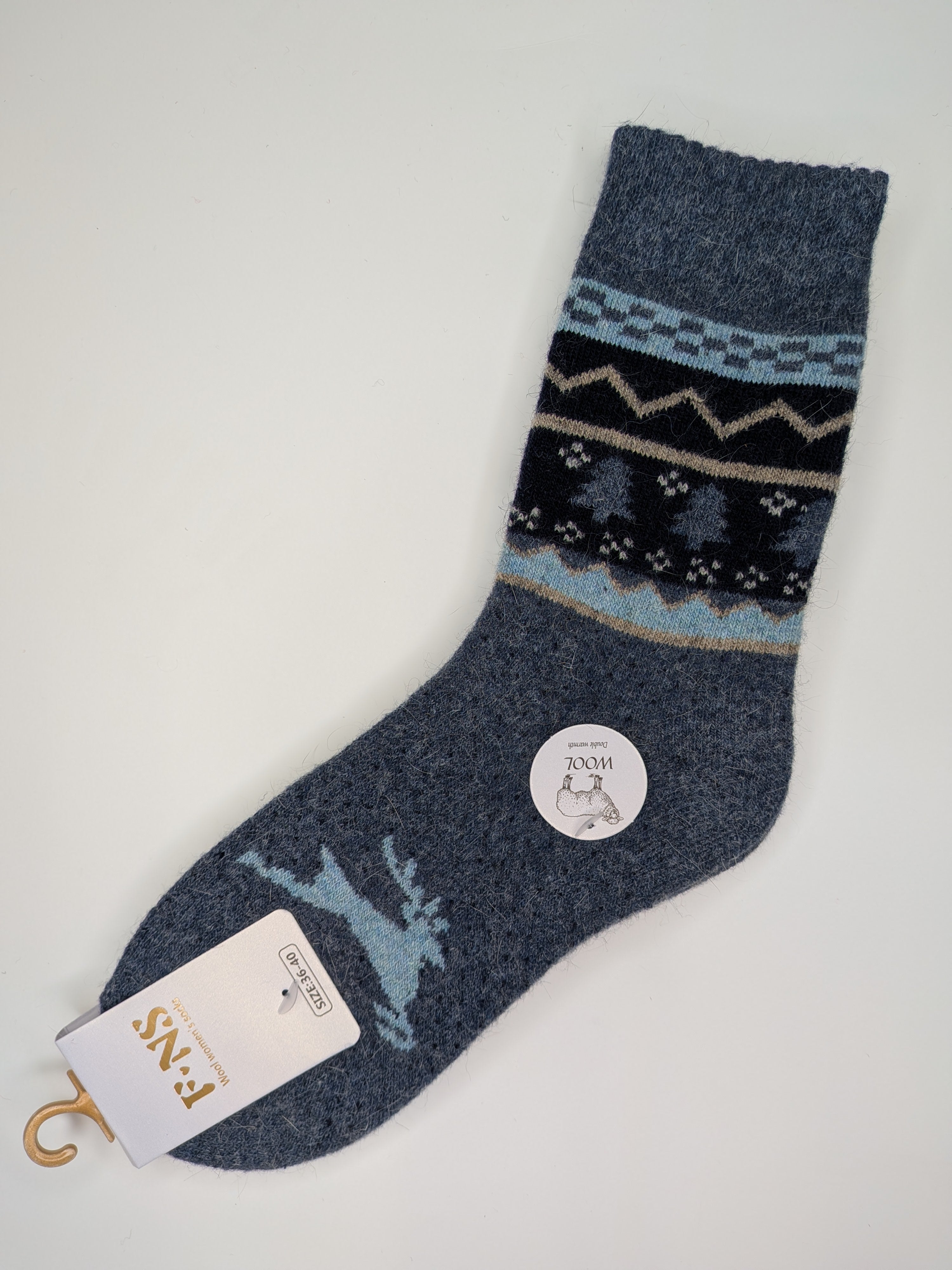 Bas Chauds en Angora à Motif de Renne couleur bleu
