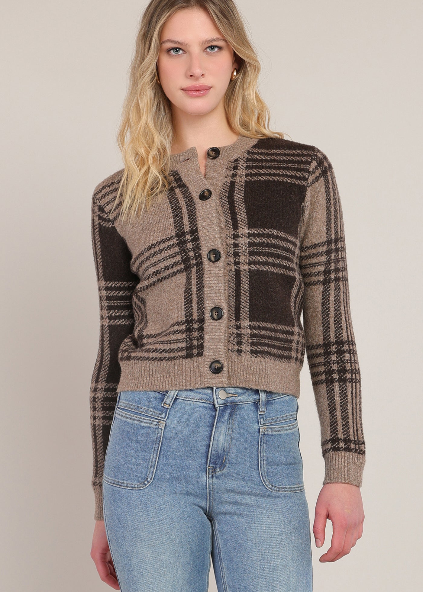 Cardigan en tricot à carreaux taupe et brun Room 34 pour femme