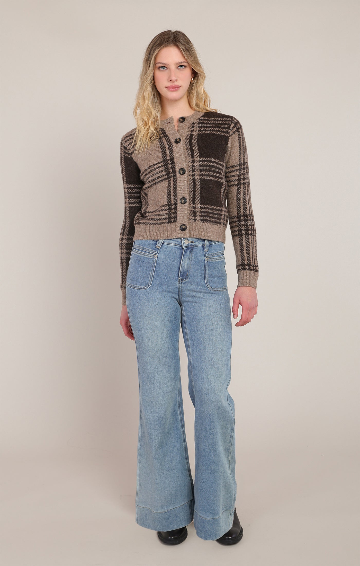 Cardigan en tricot à carreaux taupe et brun Room 34 pour femme