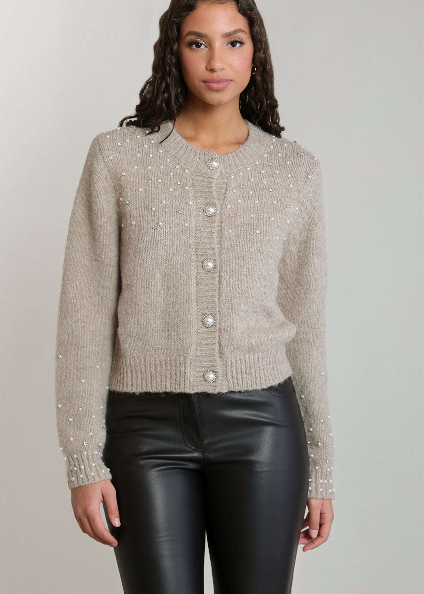 Cardigan taupe pâle chiné à perles Dex pour femme