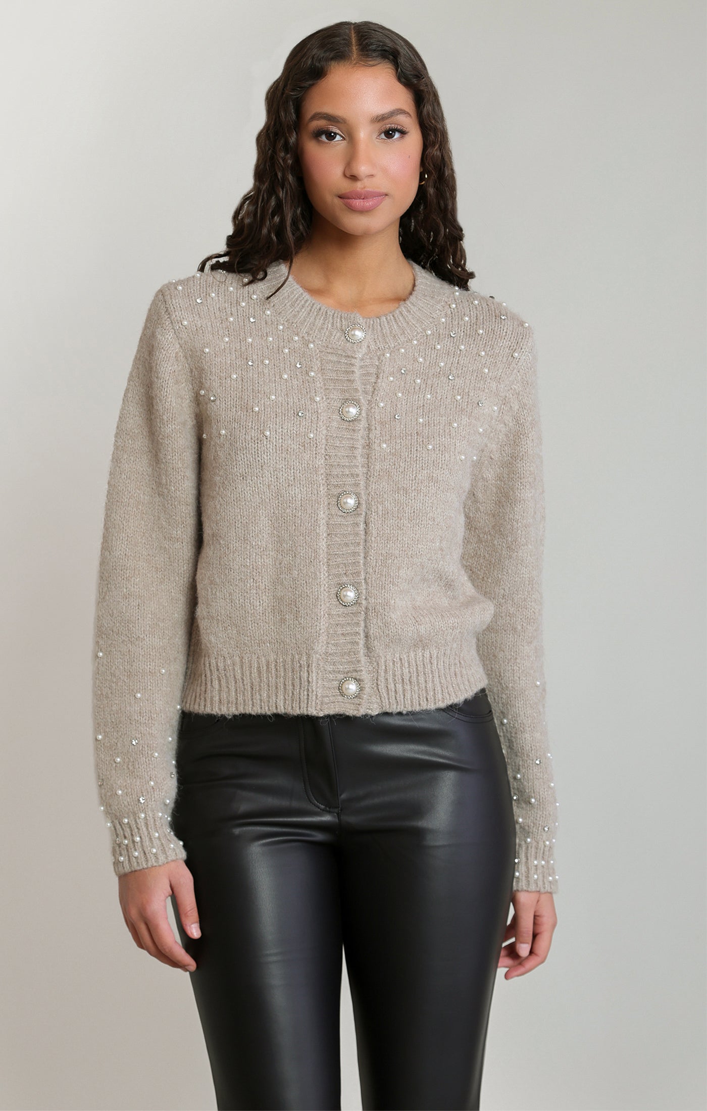 Cardigan taupe pâle chiné à perles Dex pour femme