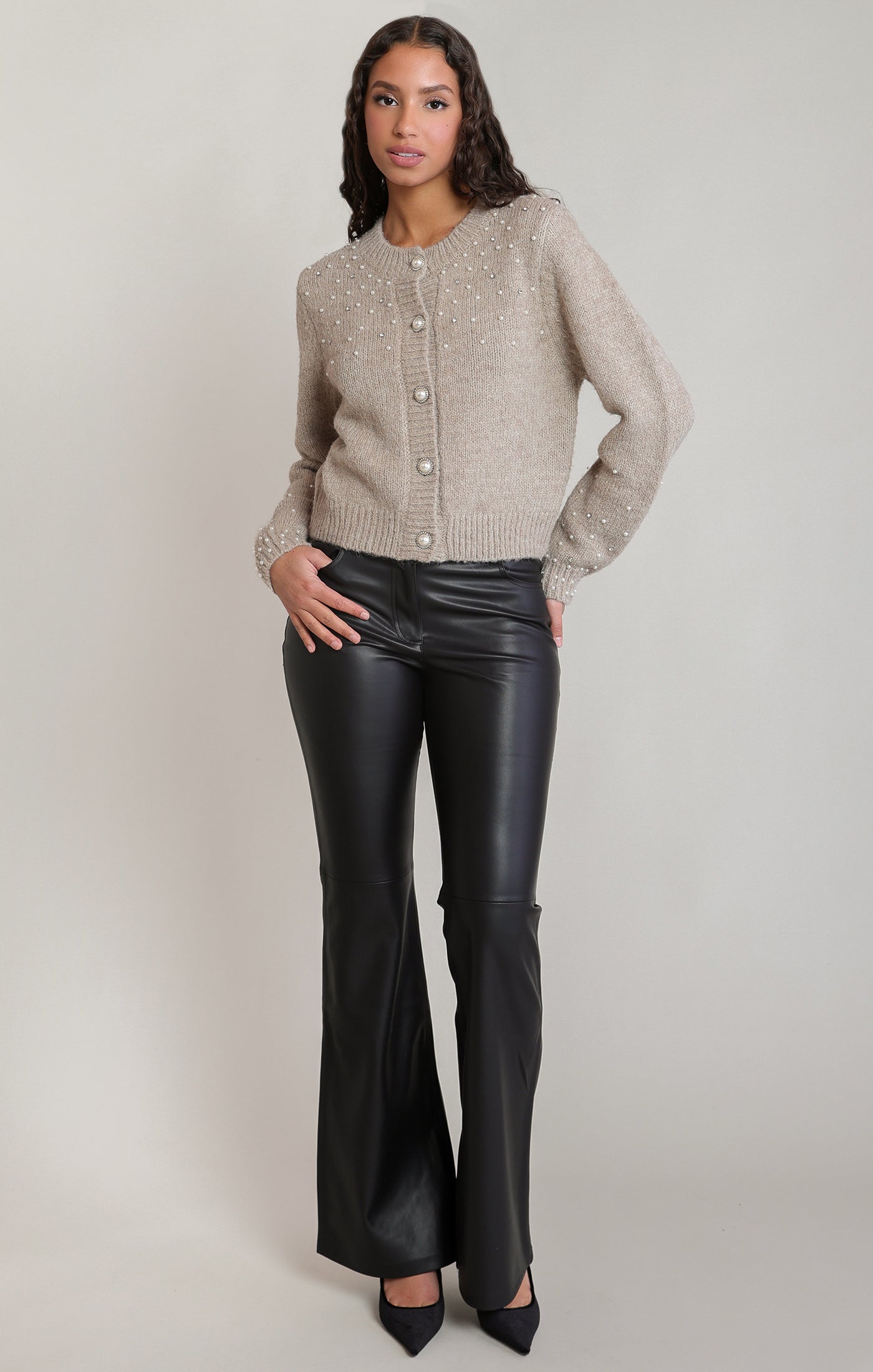 Cardigan taupe pâle chiné à perles Dex pour femme