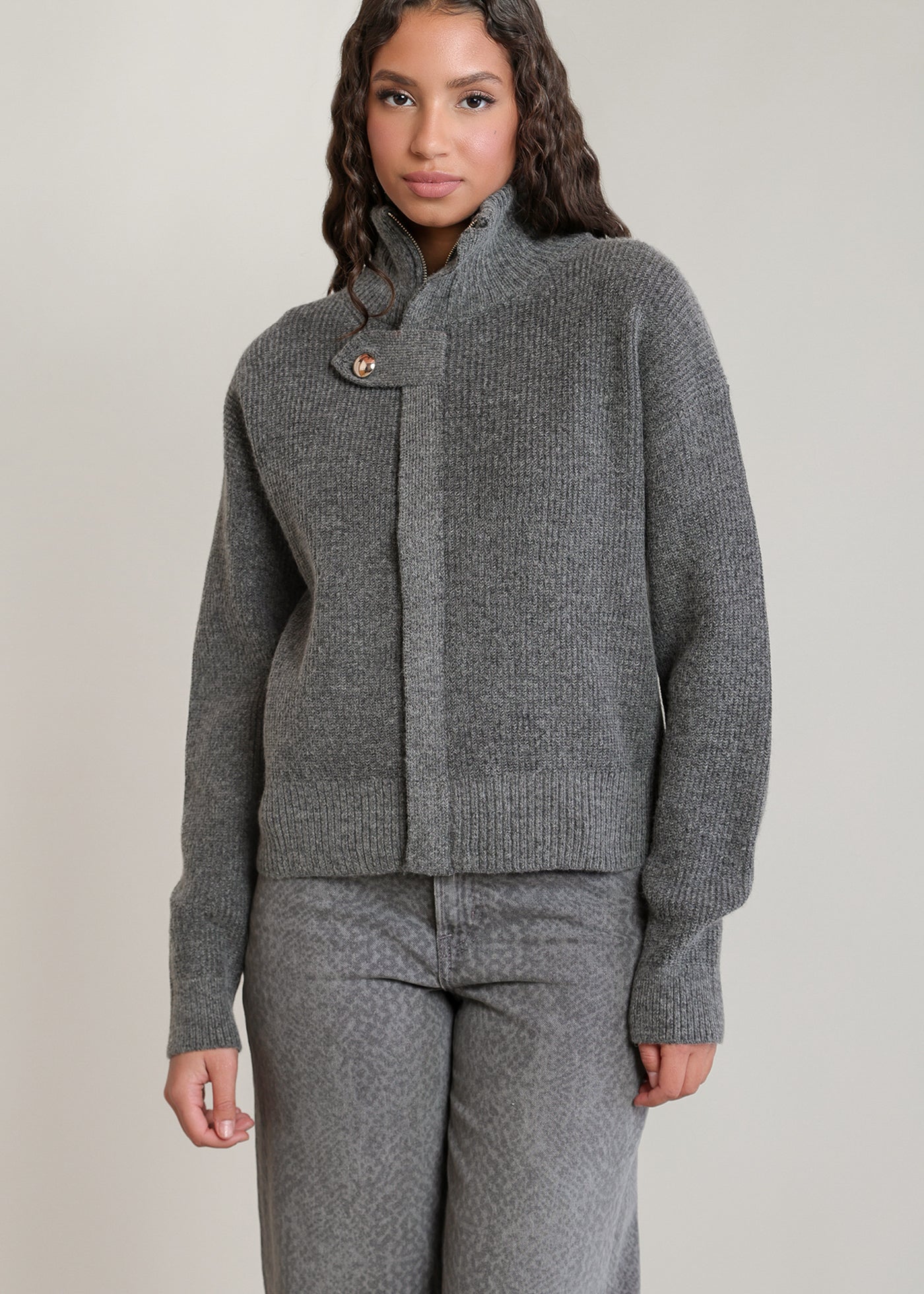 Cardigan gris foncé chiné à fermeture éclair et col montant Dex pour femme