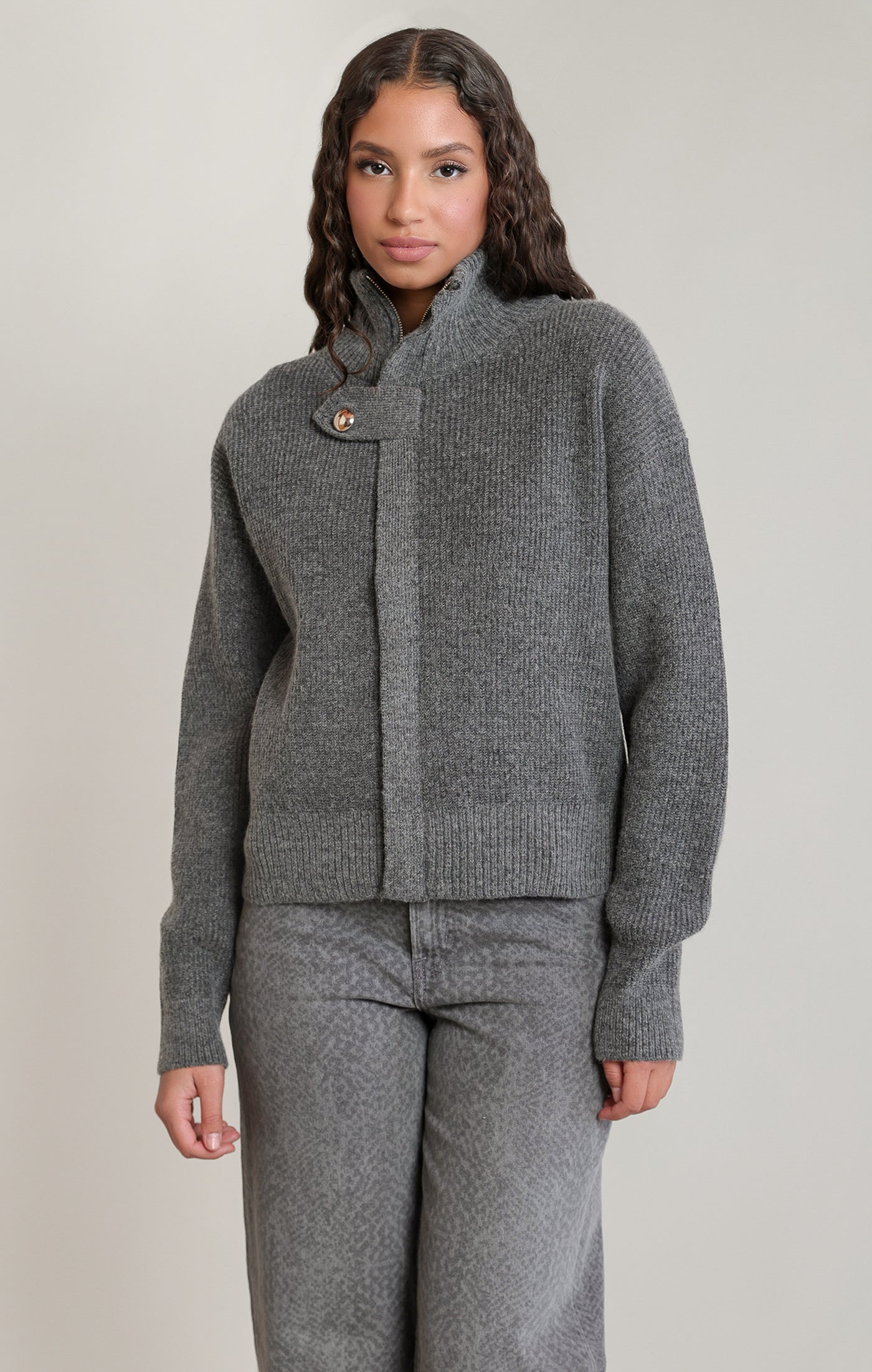 Cardigan gris foncé chiné à fermeture éclair et col montant Dex pour femme