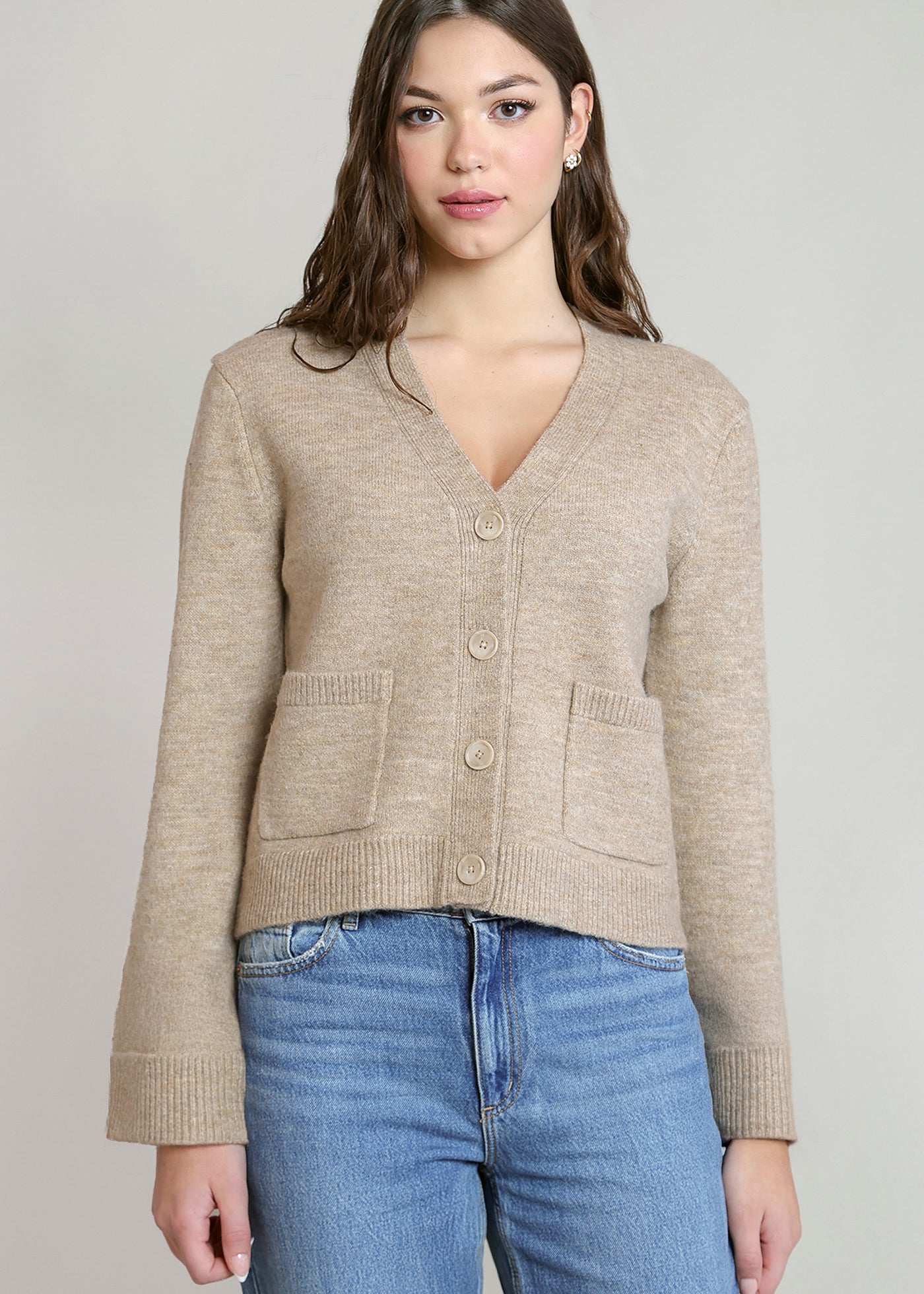 Cardigan taupe chiné à poches plaquées Dex pour femme