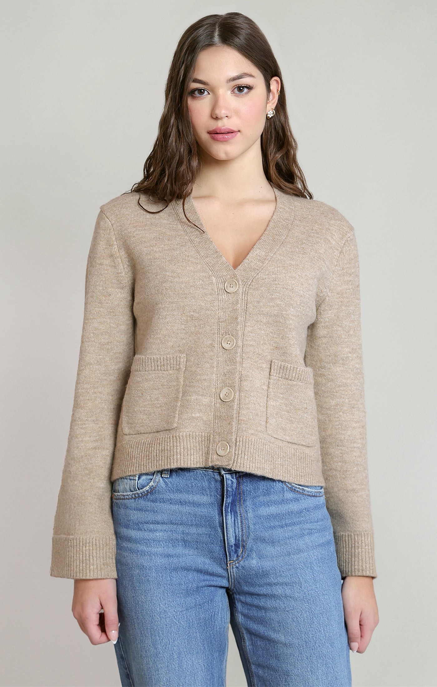 Cardigan taupe chiné à poches plaquées Dex pour femme