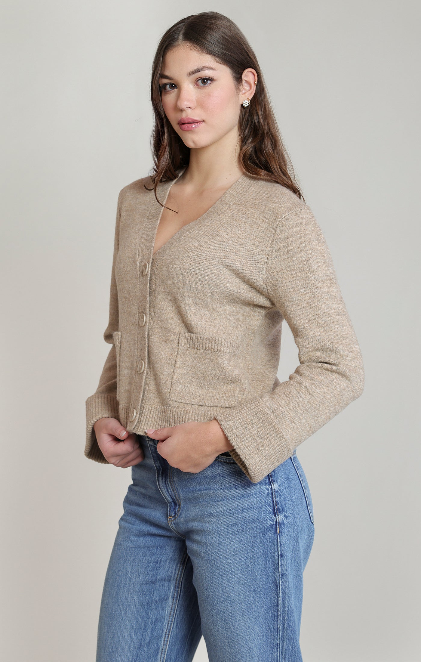 Cardigan taupe chiné à poches plaquées Dex pour femme