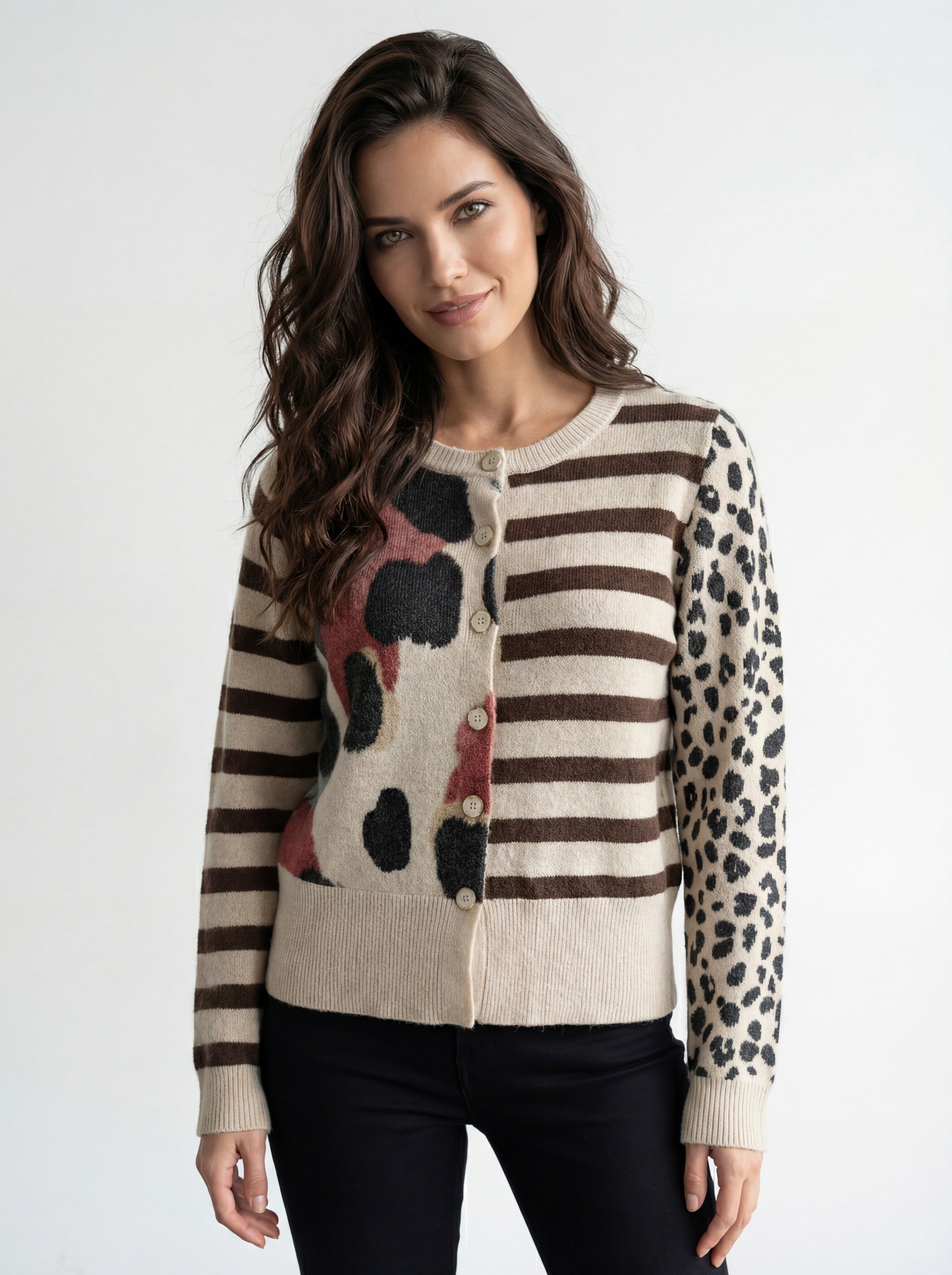 Cardigan beige à imprimé léopard et rayé CYC Coco Y Club pour femme