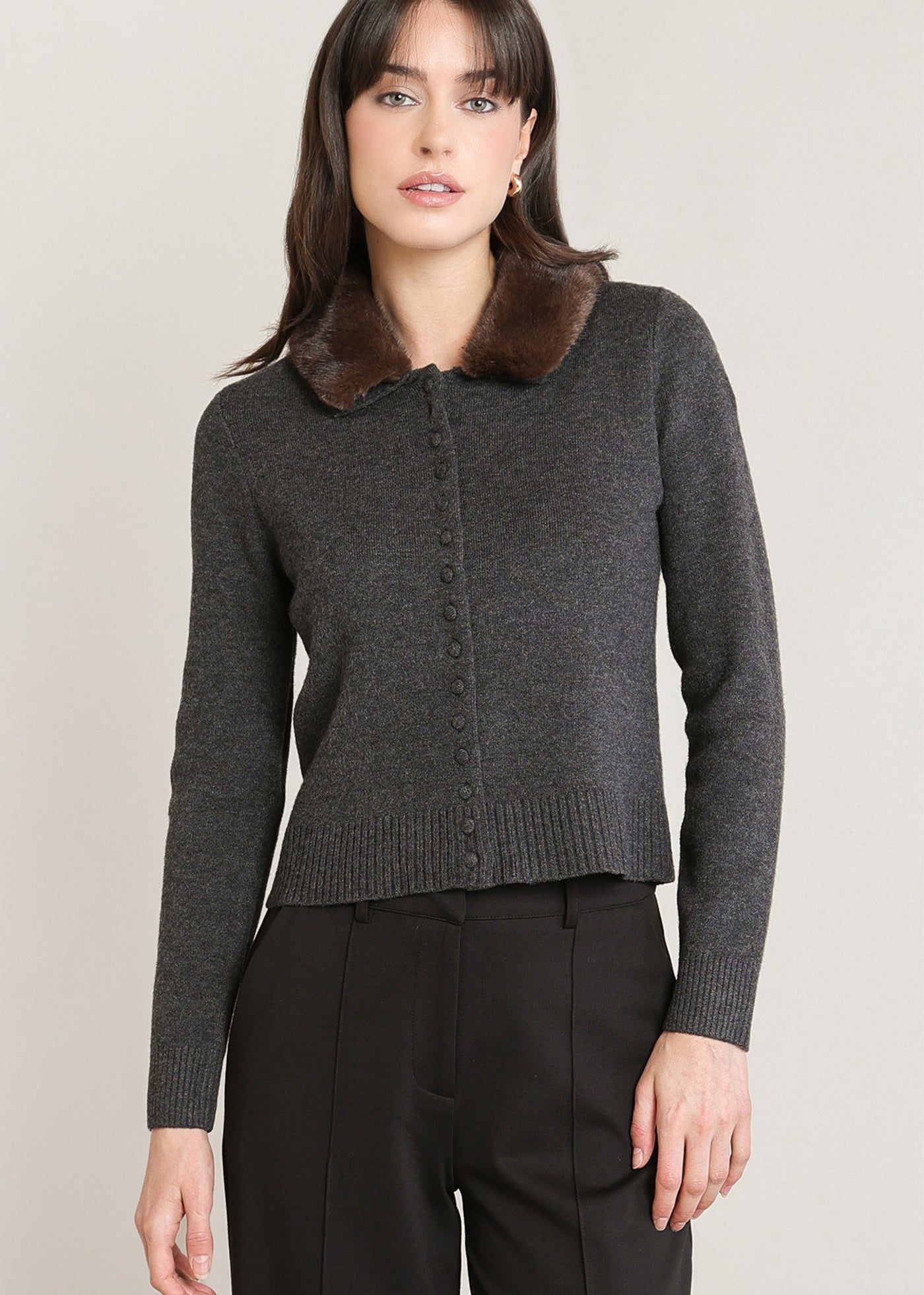 Cardigan charbon chiné à col en fausse fourrure Black Tape pour femme