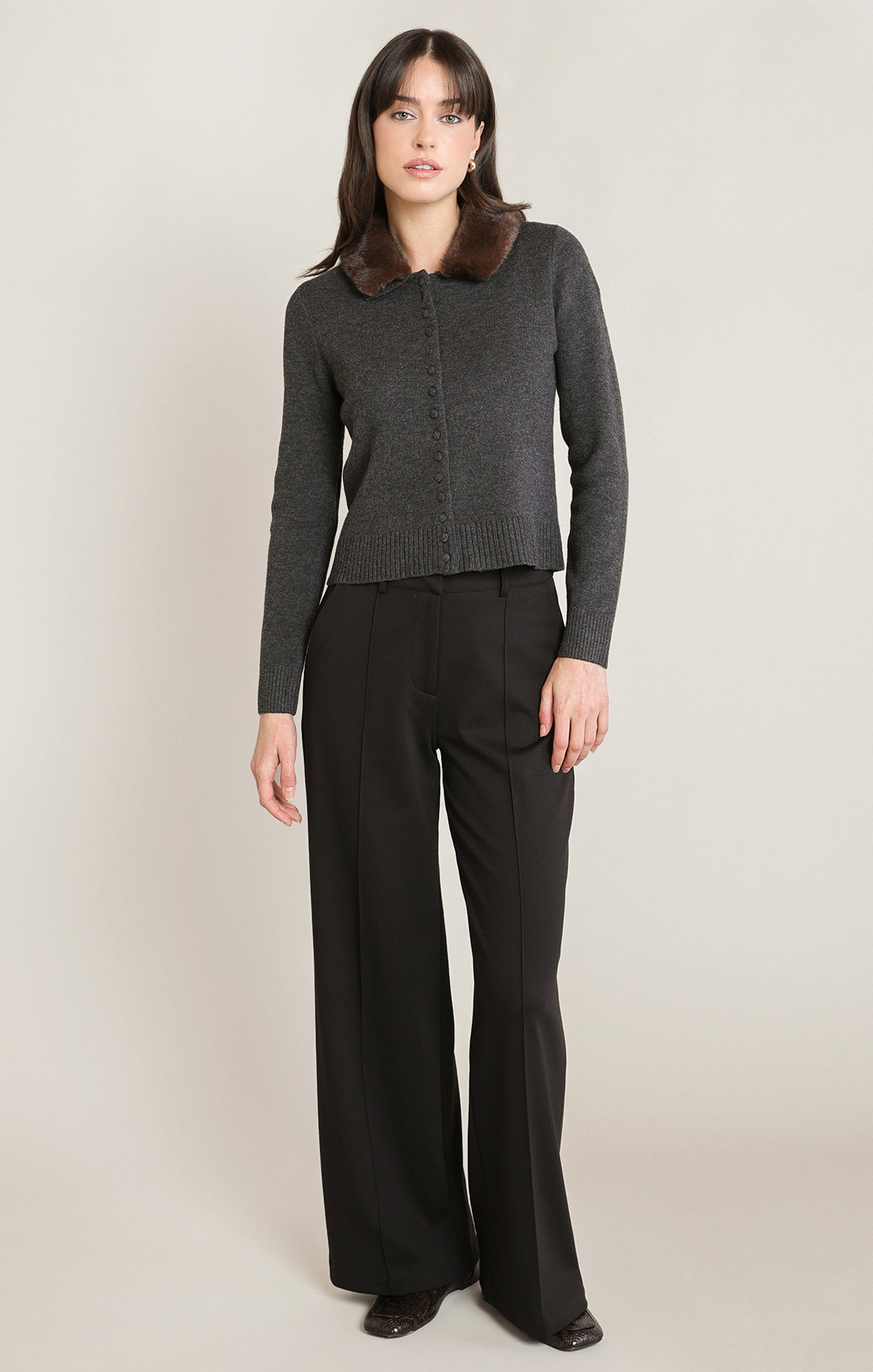 Cardigan charbon chiné à col en fausse fourrure Black Tape pour femme