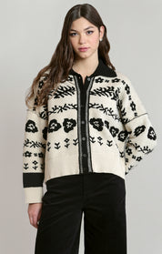 Cardigan jacquard fleuri ivoire et noir Dex pour femme