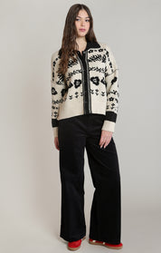 Cardigan jacquard fleuri ivoire et noir Dex pour femme