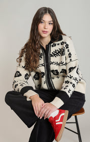 Cardigan jacquard fleuri ivoire et noir Dex pour femme